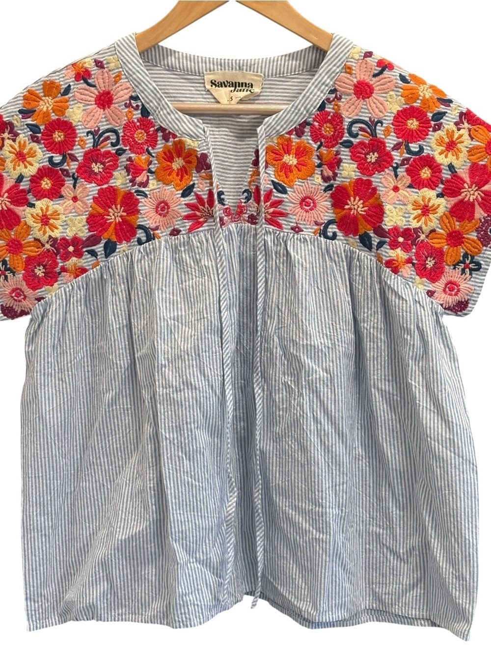 Savanna Jane Striped Babydoll Embroidered Floral Womens Top Size Small Oversized - Picture 2 of 8